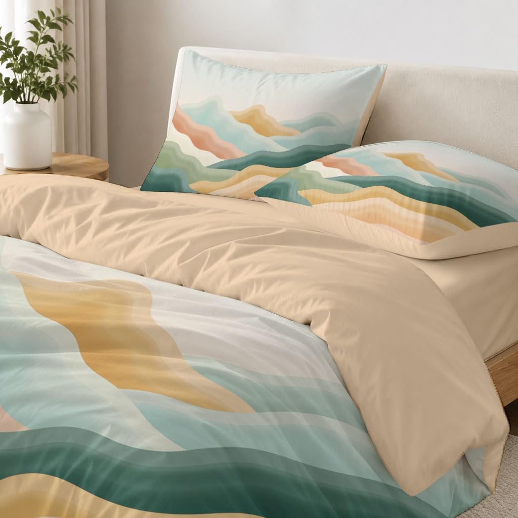Bettwäsche 155x220cm 3 teilig Minimalismus Abstrakt Grün-Orange | Bettbezug Set mit Geschichtetes Gebirge Muster, Bettwäsche-Sets 155x220cm aus Mikrofaser, Weich und Bügelfrei
