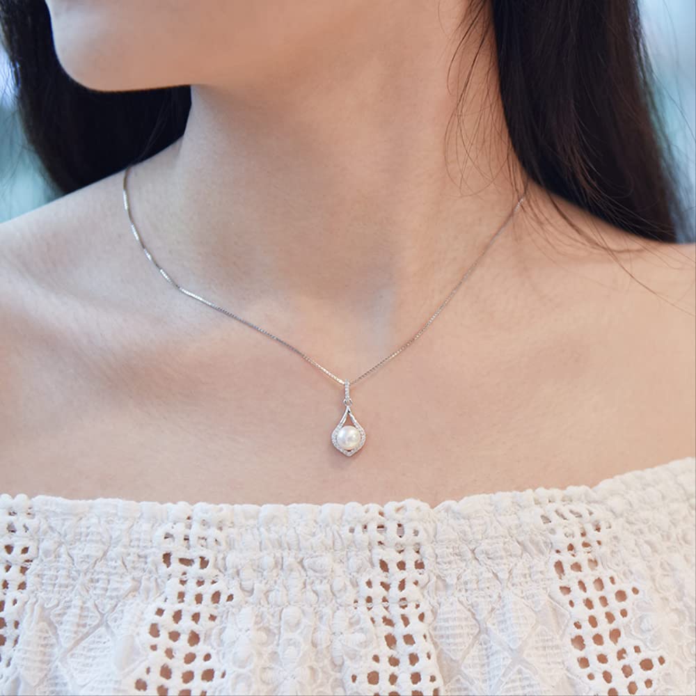Ciondoli di perle d'acqua dolce naturali bianche da 7-8 mm girocollo in argento sterling 925 con zirconi da donna