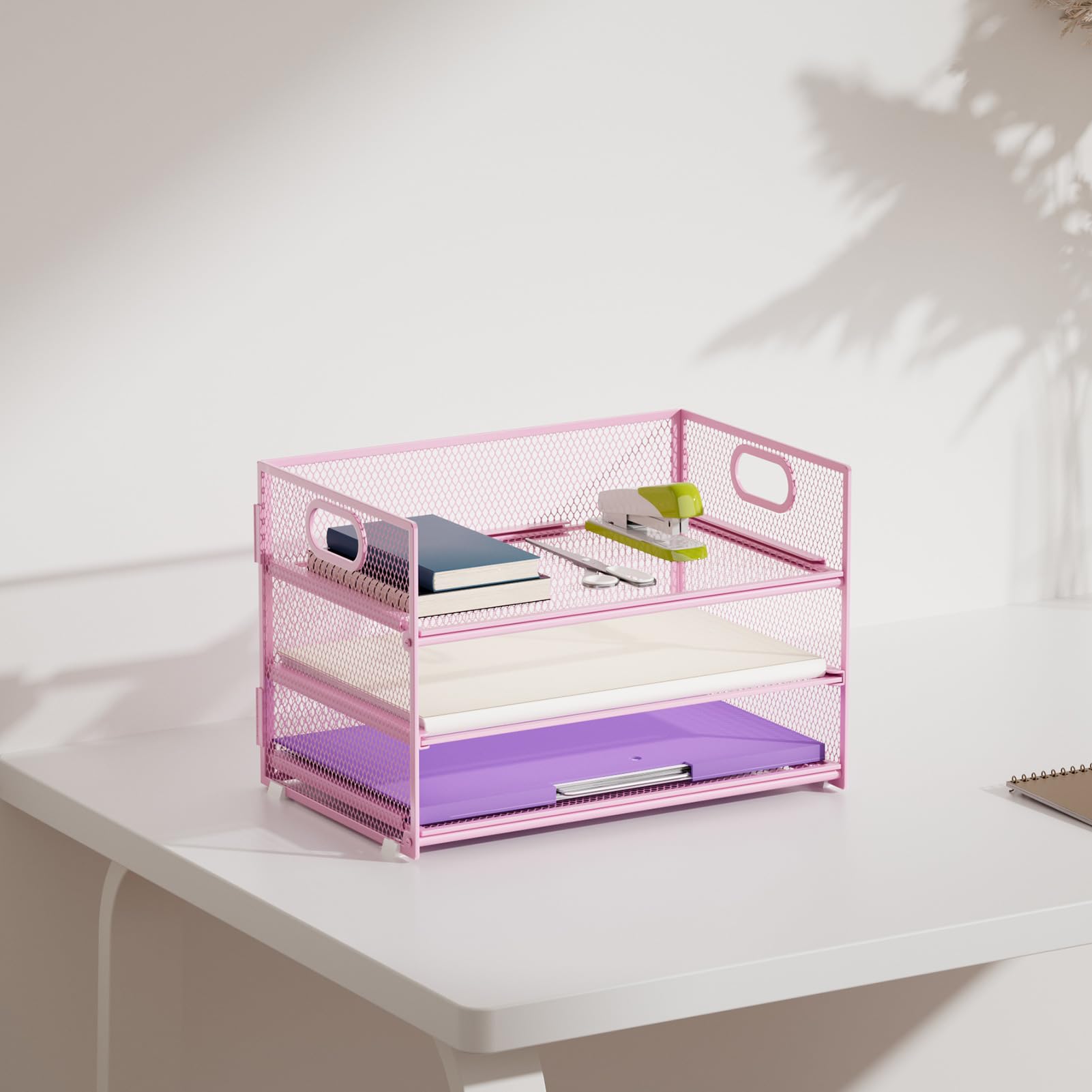 Marbrasse Organizer Scrivania, Scrivania a Rete Vassoio Portacarte 3 Scomparti con Maniglia Organizzatore,Organizer per File A4,Portapenne per Casa Ufficio(Rosa)