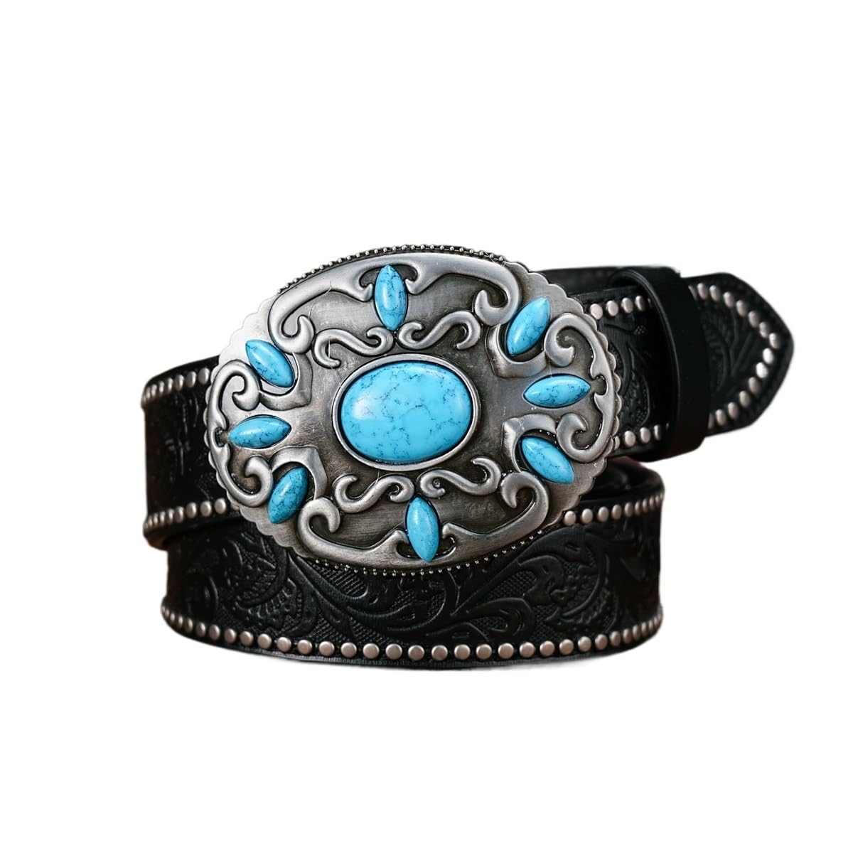 Cintura turchese western da donna e uomo, fibbia in finta pietra, lavorazione floreale, cinturino in pelle PU for jeans