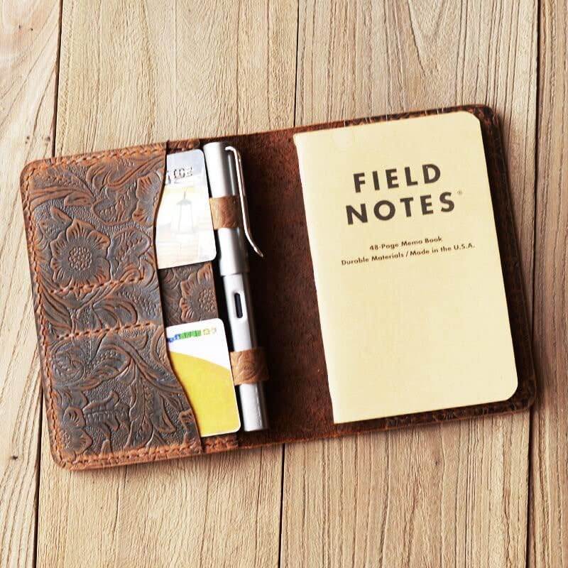 Leather Journal Cover for Moleskine Cahier Notebook Pocket size with pen holder 3.5" x 5.5" Field Notes Cover Vintage Refillable- 303 - Tooled Brown