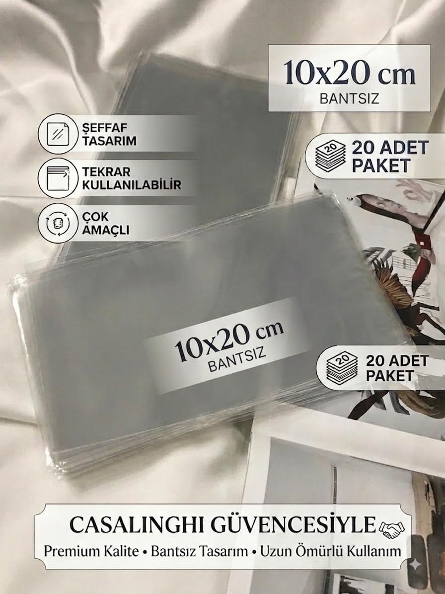 bisaccia Bantsız 10x20 CM Kurabiye Poşeti Yapışkansız Jelatin Şeffaf Opp Torba 10x20 CM - (20 Adet)