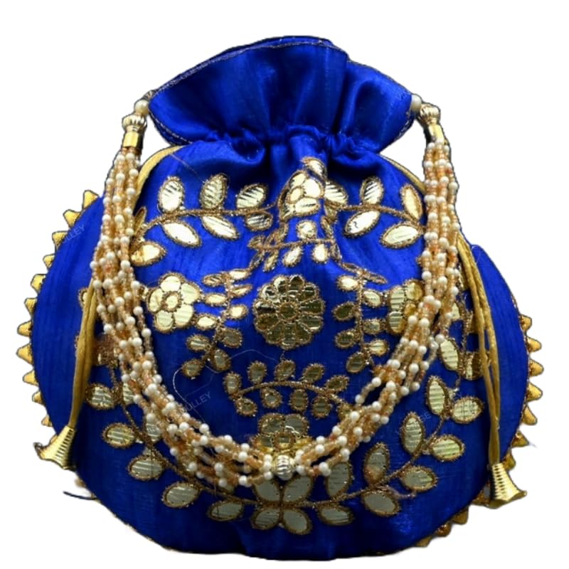 EkavyaEyesart Fashion Potli Bag for Women Ethnic Designer Embroidery Work Batwa Pearls Handle with Intricate Gold Thread & Sequin