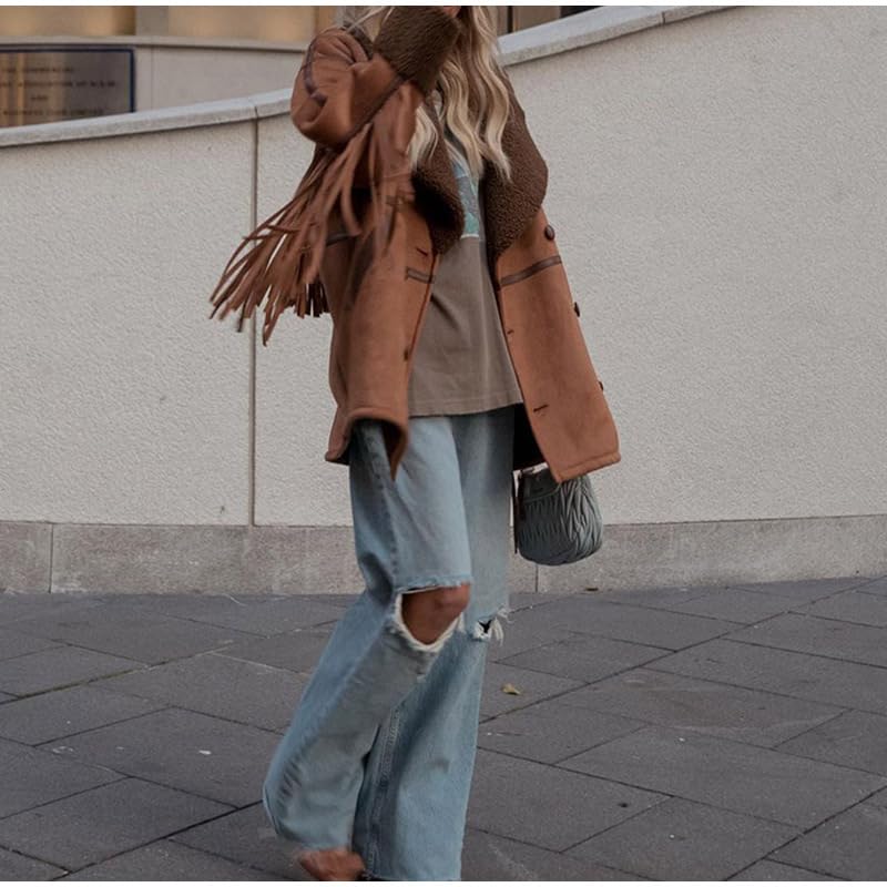 utcoco Women's Tassels Sherpa Lined Faux Suede Leather Jacket 2024 Fashion Fringe Trim Faux Fur Coats Outwear3