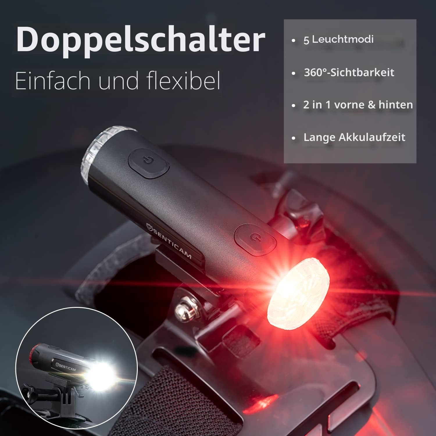 Fahrradhelm-Licht, USB Wiederaufladbar, Dual-Lichter Vorne und Hinten, IP66 Wasserdicht, Tragbar, Taschenlampe Mit Laufzeit Bis Zu 86 Stunden