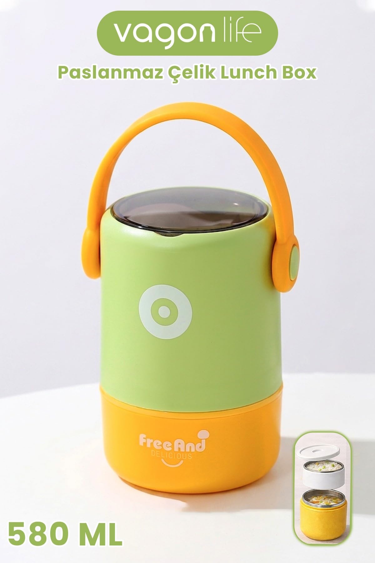 580 ML Sızdırmaz 2 Kaseli 304 Paslanmaz Çelik Lunch Box Yeni Nesil Sefer Tası Kaşıklı Askılı -1267580