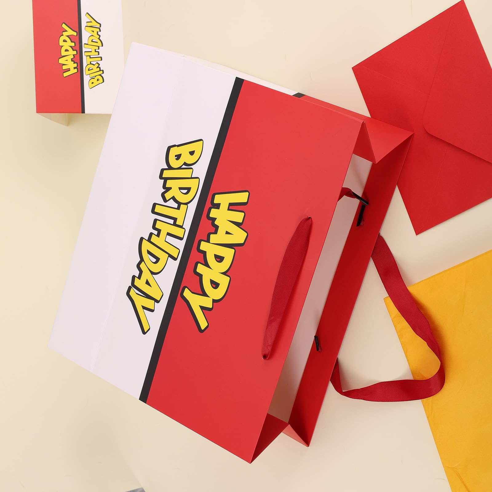 SAVITA Birthday Party Gift Bag Set, Red and White Cartoon Animation Theme Goodie Bag Wrapping Paper Greeting Card Envelope for Kids Birthday Party Decoration Supplies