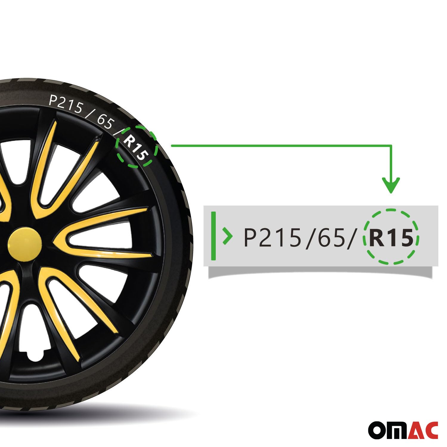 OMAC 4X Radkappen Radzierblenden Radblenden 15" Zoll Stahlfelgen Matt Schwarz-Gelb