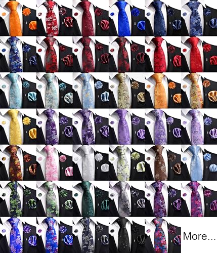 Image of GUSLESON 3.15 inch（8cm） Mens Floral Tie and Lapel Pin Necktie Hankerchief Cufflinks Set for Men