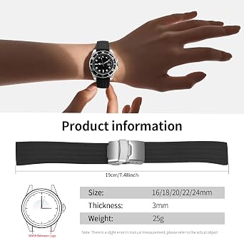 Silicone Watch Strap Replacement Rubber Watch Band Waterproof Stripe Pattern - 16mm, 18mm, 20mm, 22mm, 24mm Watch Bracelet with Stainless Steel Deployment Buckle
