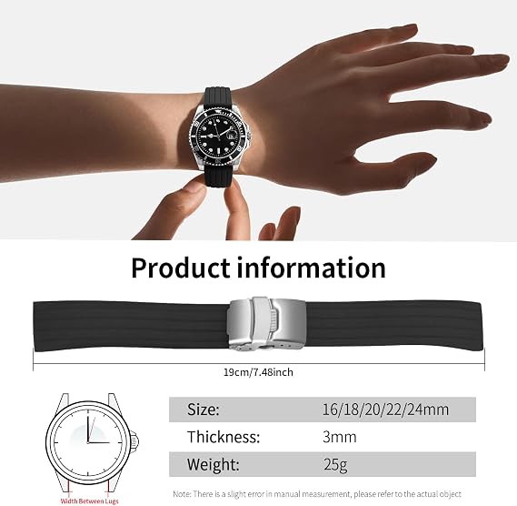 Silicone Watch Strap Replacement Rubber Watch Band Waterproof Stripe Pattern - 16mm, 18mm, 20mm, 22mm, 24mm Watch Bracelet with Stainless Steel Deployment Buckle
