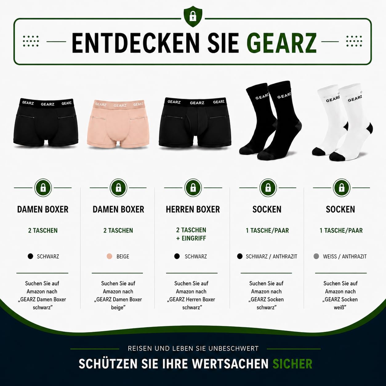 GEARZ - 4er Set Herren Anti-Diebstahl-Boxer - 4er Pack Reise-Boxershorts mit Anti-Taschendieb-Taschen - 4er Set Baumwoll-Unterwäsche Schwarz