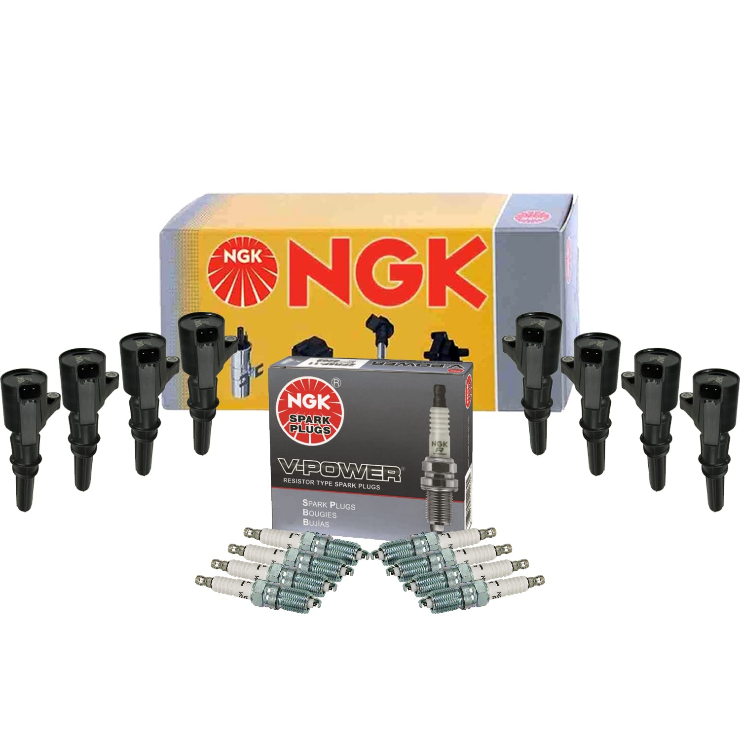 NGK 8 Ignition Coils & 8 V-Power Spark Plugs Kit For Ford Lincoln Mercury V8