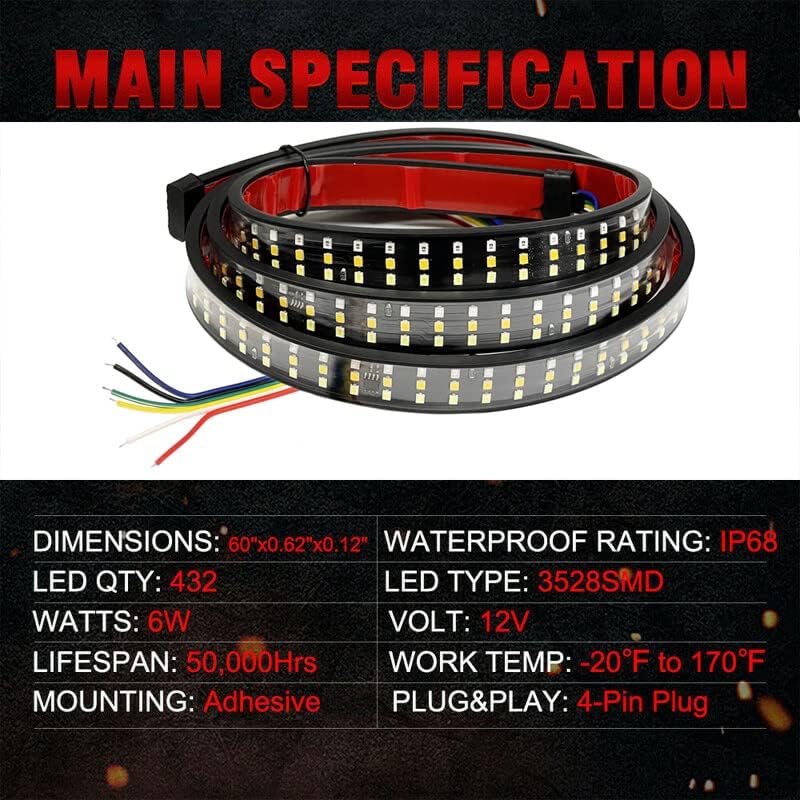Main specification details for the LED light bar including dimensions, LED quantity, wattage, lifespan, mounting, waterproof rating, LED type, voltage, and work temperature.
