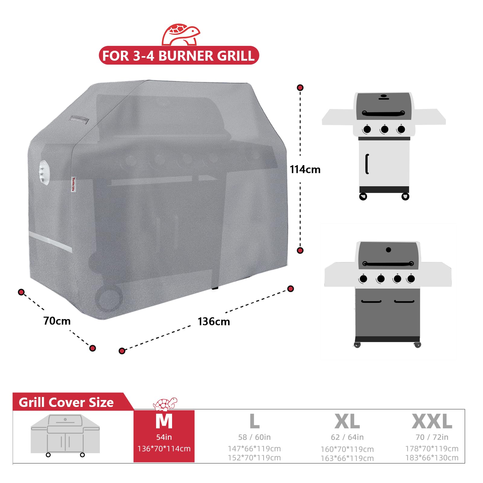 Turtle Life Copertura barbecue gas resistente impermeabile 3-4 bruciatori Weber Spirit Char-Broil non sbiadisce 2 anni grigio 136x70x114 cm
