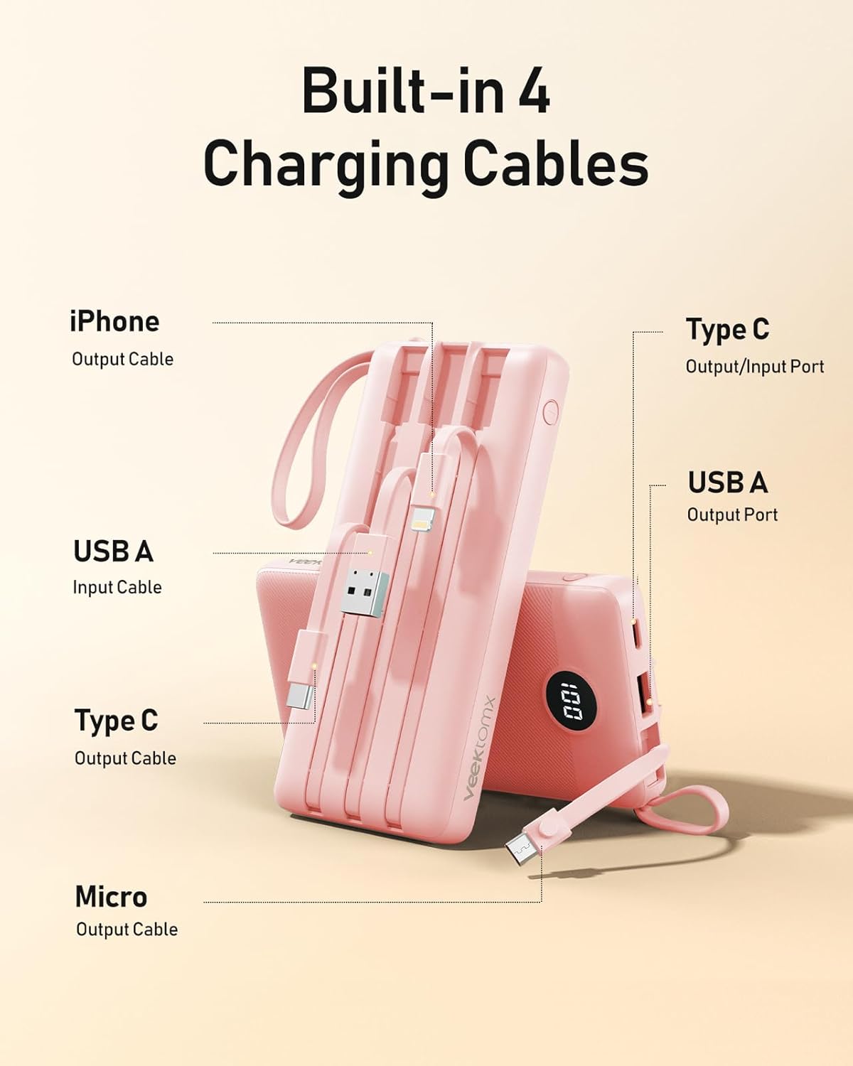 VEEKTOMX Portable Charger Built-in Cables, Power Bank for iPhone, Fast Charge USB C Battery Pack Travel Essentials Powerbank Compatible with iPhone 17/16/15/14, Samsung S25/24