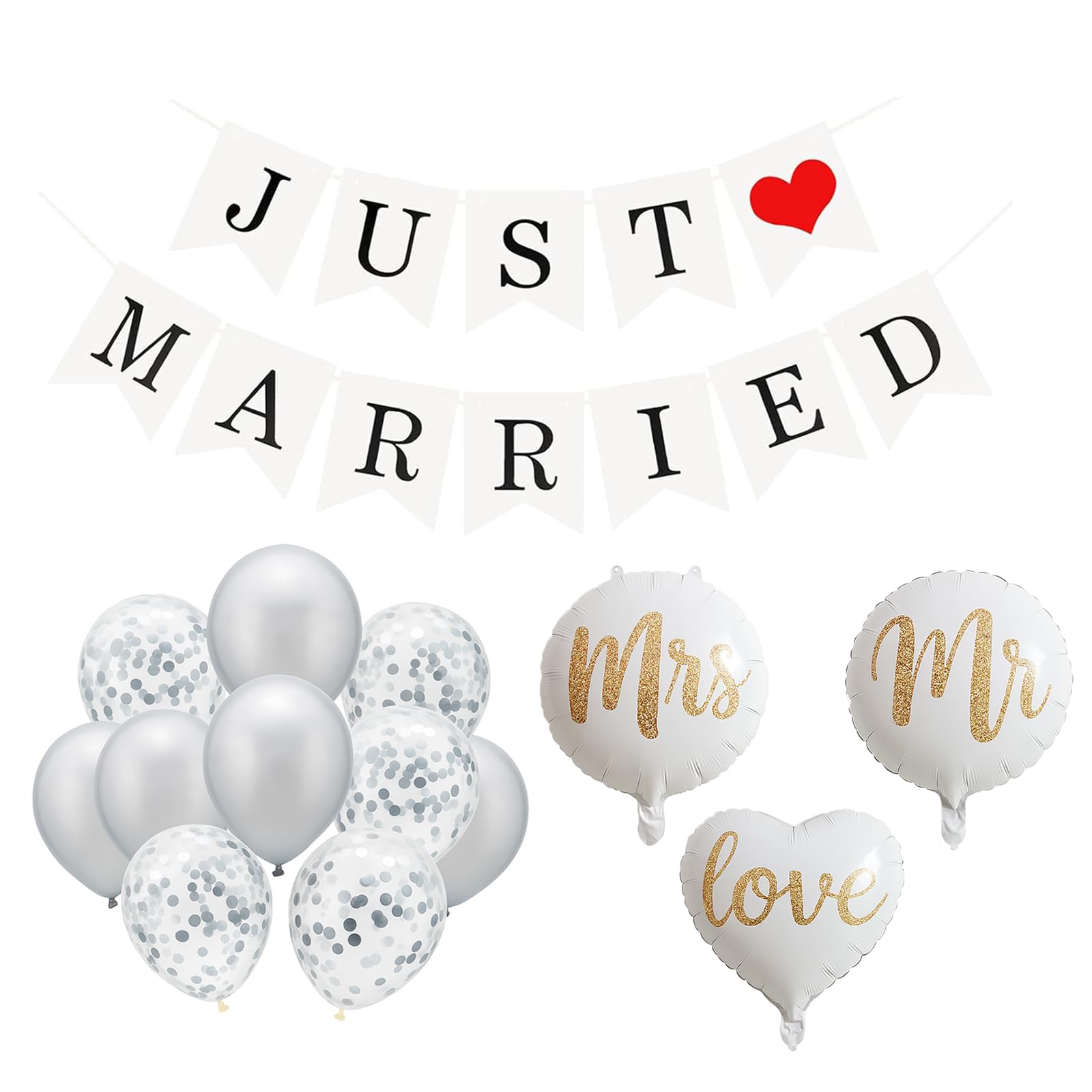 Just Married Decorations, Complete 14-Piece Wedding Balloon Set, Includes Just Married Banner and Wedding Balloons, Perfect for Bridal Shower Decorations and Anniversary Decorations