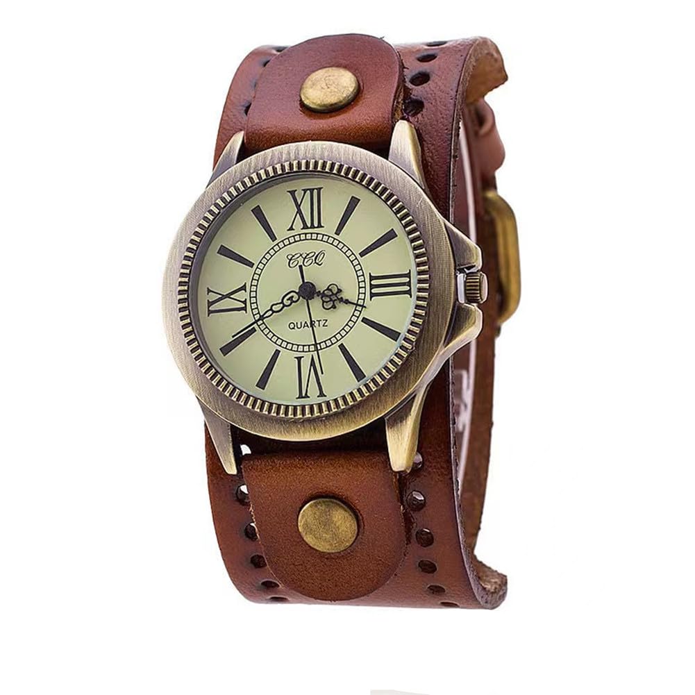 Handmade Vintage Retro Punk Men Wrist Watch Bronze Dial Wide Genuine Leather Band Cuff Quartz Man Watches for Halloween