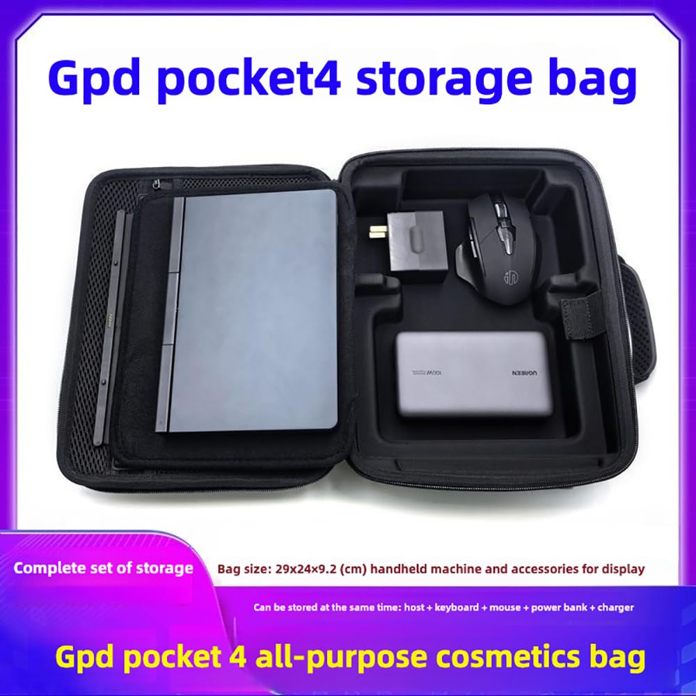 All in one Protective Bag Portable Storage Case Compatible with GPD Pocket 4 Eva Hard Shell Case Storage Host Keyboard Stand Mouse Charger Grip Base (Black)