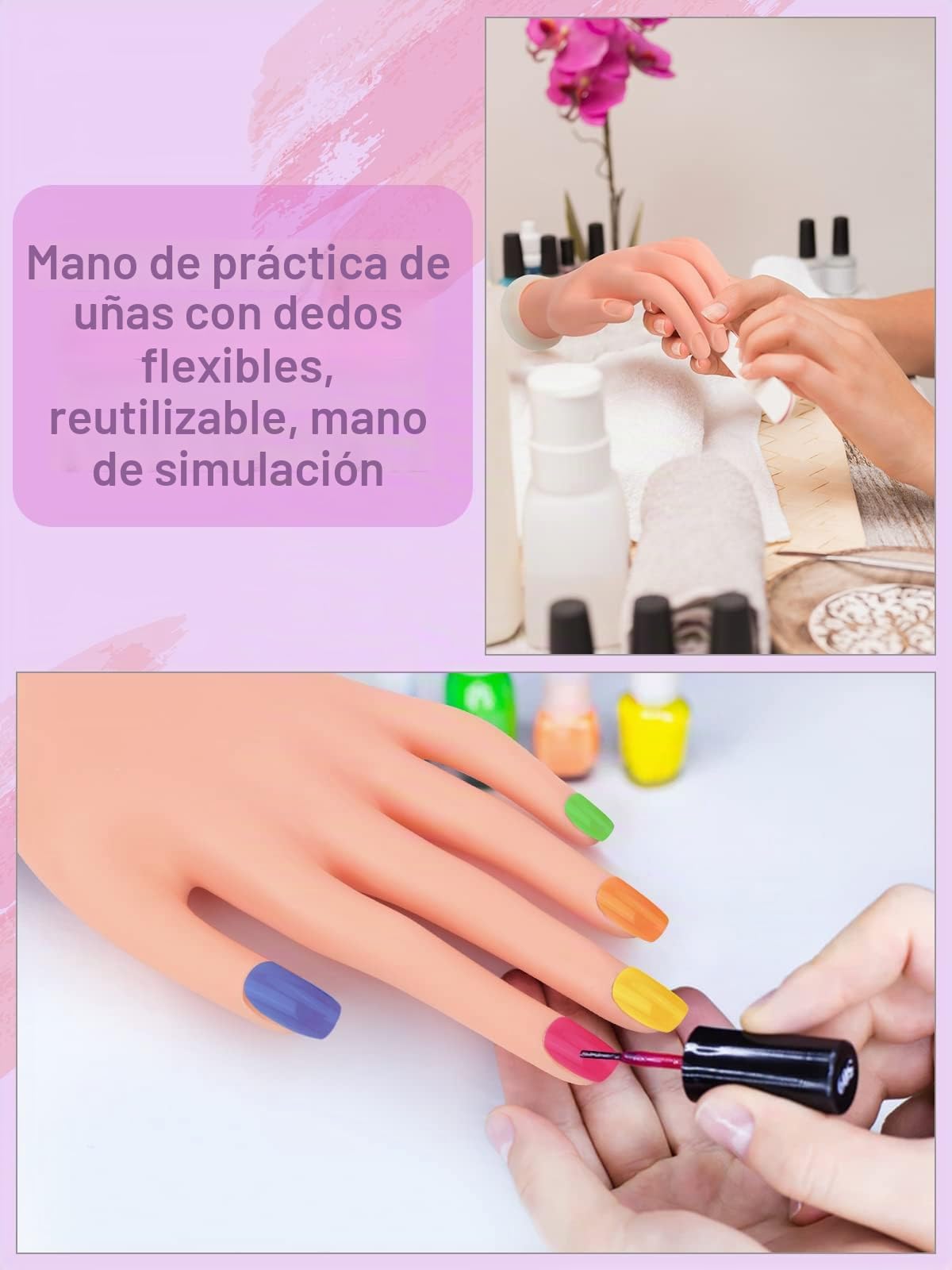 Deciniee Mano para Practicar Uñas Silicona: Flexible Mano de Practicas de Uñas - Ajustables Dedos para Practicar Uñas y 200 Piezas de Uñas para Manicura de Uñas DIY