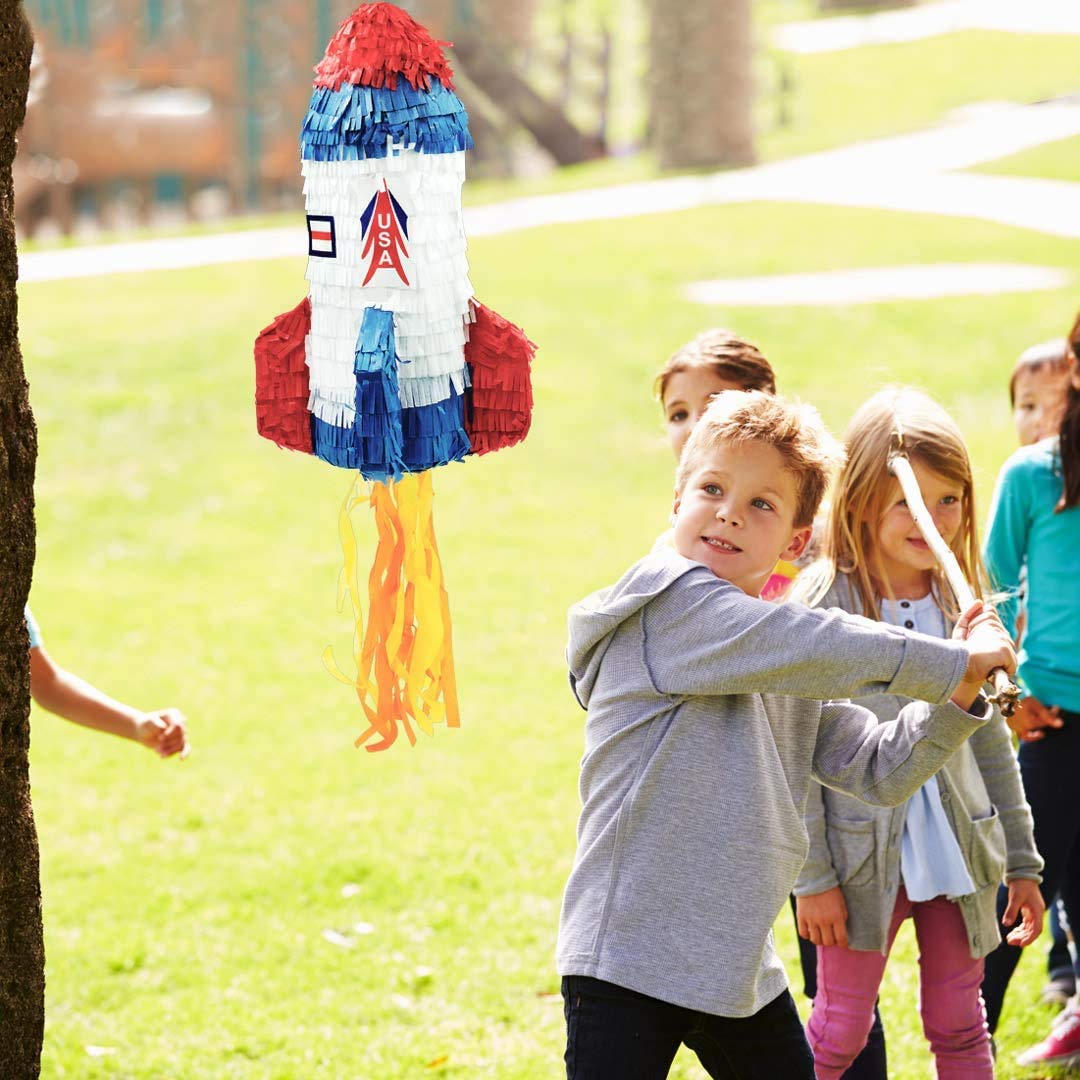 Trendario Pinata Set Rakete, Pinjatta + Stab + Augenmaske, Ideal zum Befüllen mit Süßigkeiten und Geschenken - Piñata für Kindergeburtstag Spiel, Geschenkidee, Party, Hochzeit
