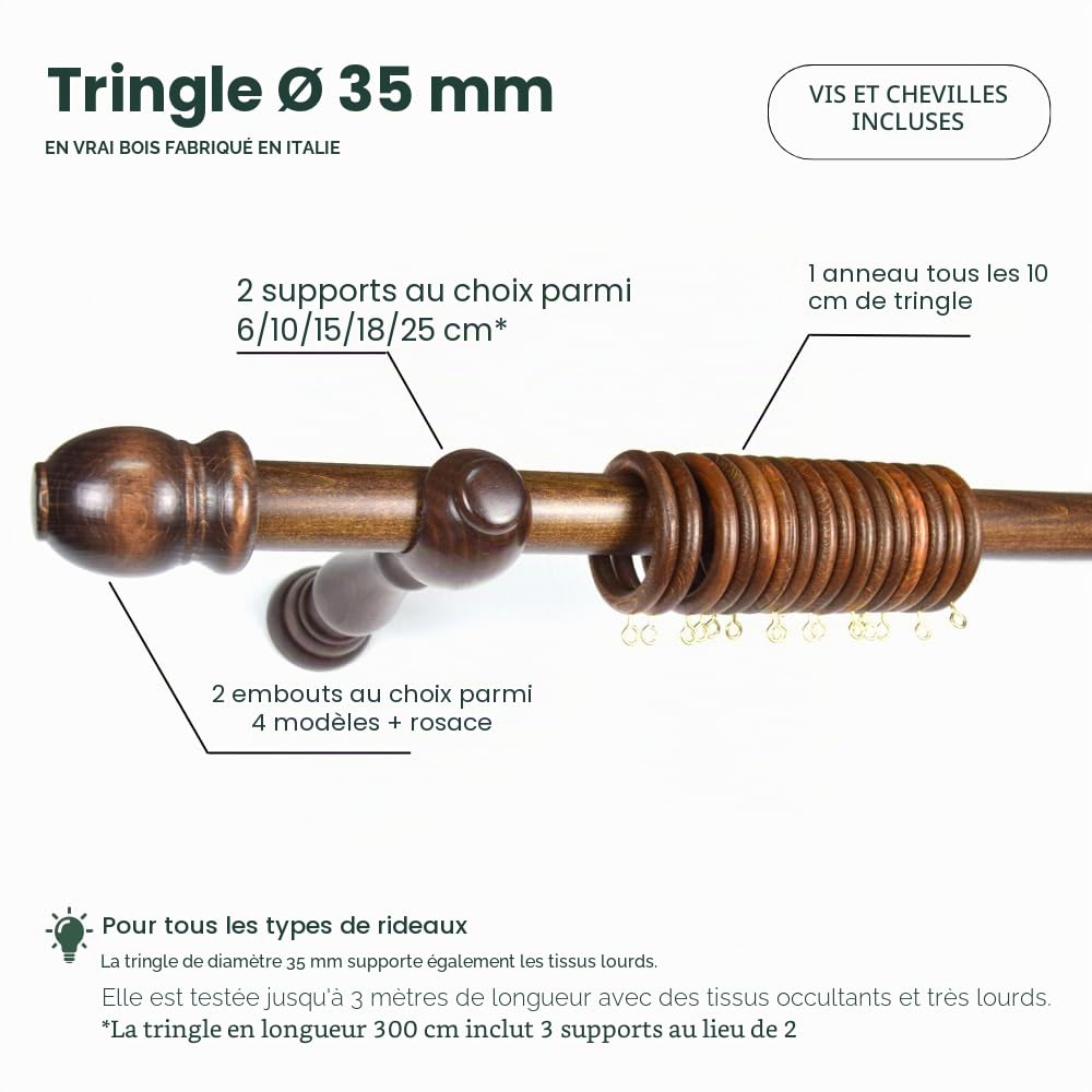 TENDAGGIMANIA Tringle RideauCouleur NOYER en Bois Resistant - Diamètre 35 mm - Longeur: 300 CM - Barre Rideau Mouvement Manuel - Avec Anneaux et tous les Accessoires