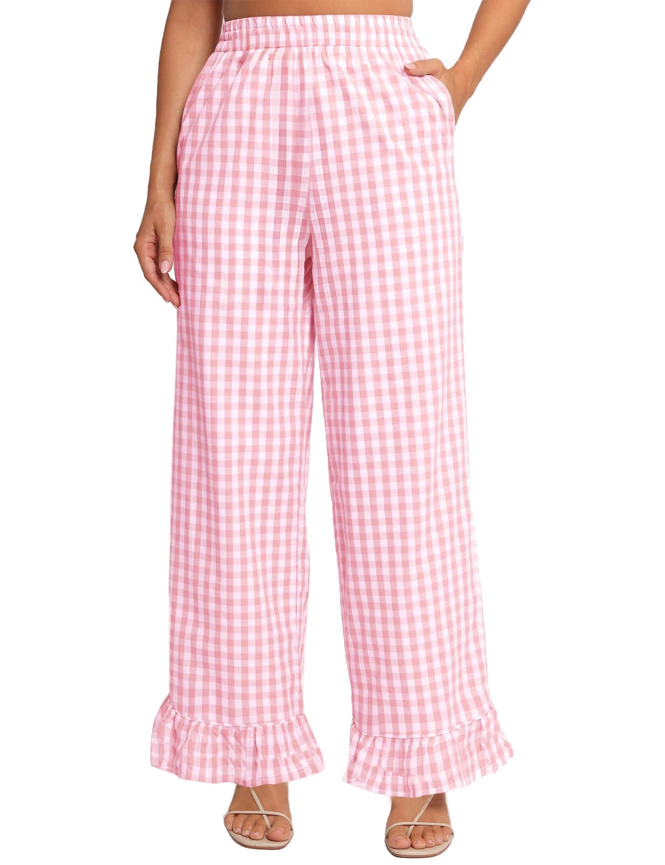 Flygo Womens Gingham Pants Y2K Cotton Wide Leg Ruffle Hem Lounge Pants Plaid Elastic Wasited Trouser with Pockets