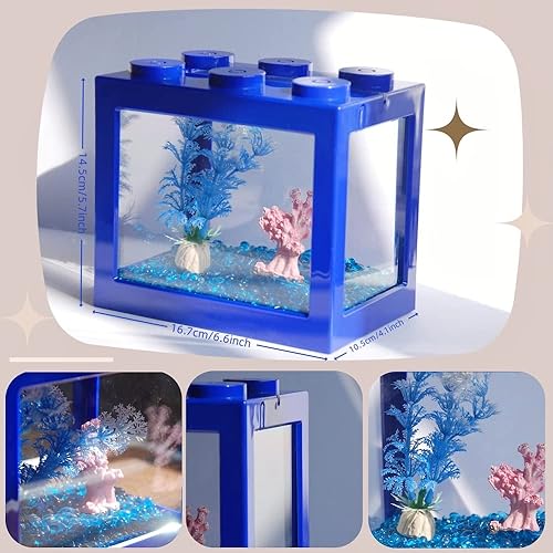 Miniatura 25 de Pequeño tanque de peces Betta, mini tanque apilable de pecera, kit de tanque de acuario rectangular de 3/5 galones con decoración de grava de Naranja