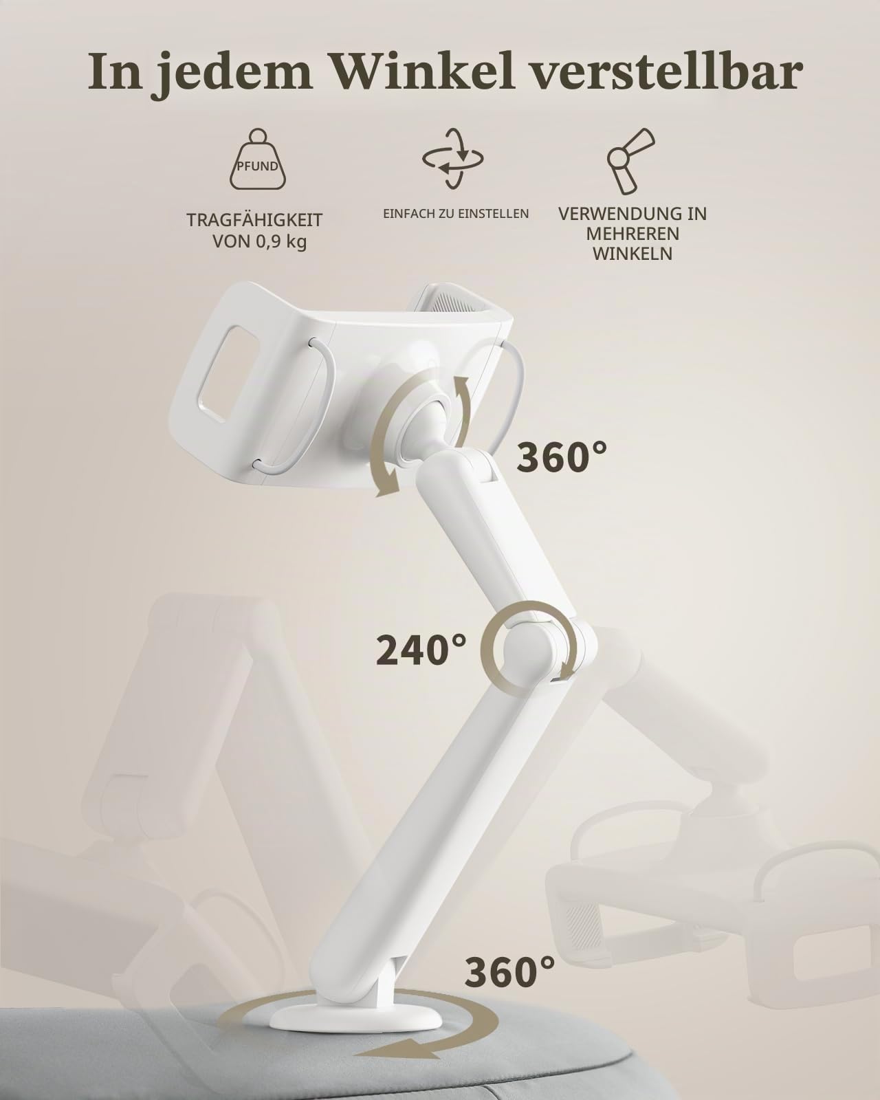 SAIJI Tablet Kissen Halter, 360° Verstellbarer Kindle Halter ipad Halterung Bett mit flexiblem doppelachsigem Arm, Tablet Halterung für iPad, iPhone, Kindle und alle Geräte von 4,7"-15,6"（Grau）