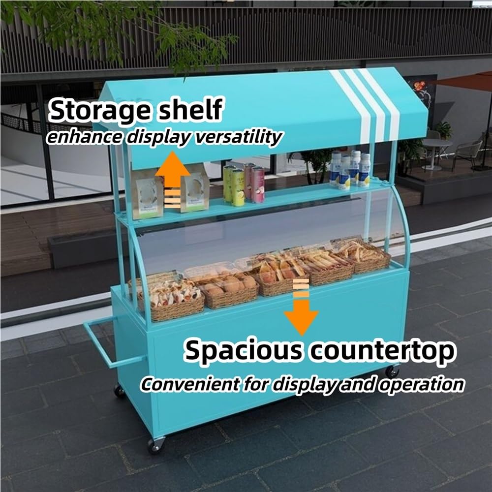 Carrello multifunzione in metallo con r& baldacchino in acrilico, perfetto per bancarelle di venditori, dessert, espositori di fiori nei centri commerciali ed eventi all'aperto, 119,9 cm di lunghezza