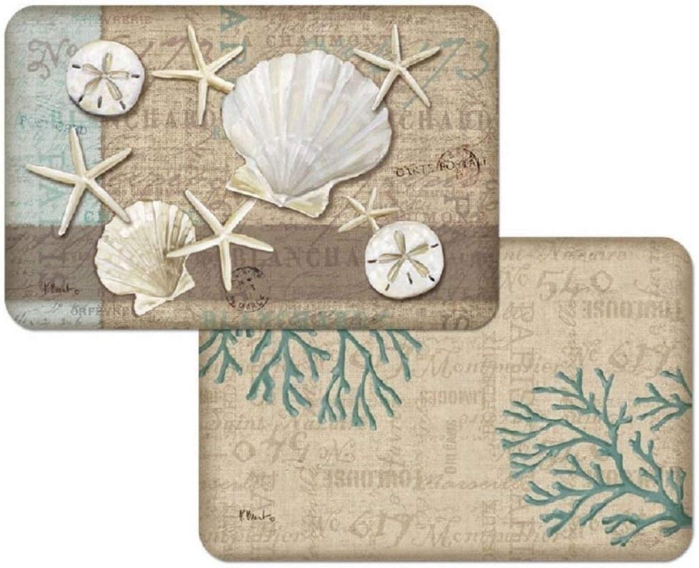 CA 4 Piece Multi Colored Tan Sky Blue Brown Off White Print Patterned Placemat, Nautical Beach Starfish Sea Shell Seaweed Linen Shells Design Tablemat, Creative All Season Rectangle Vinyl
