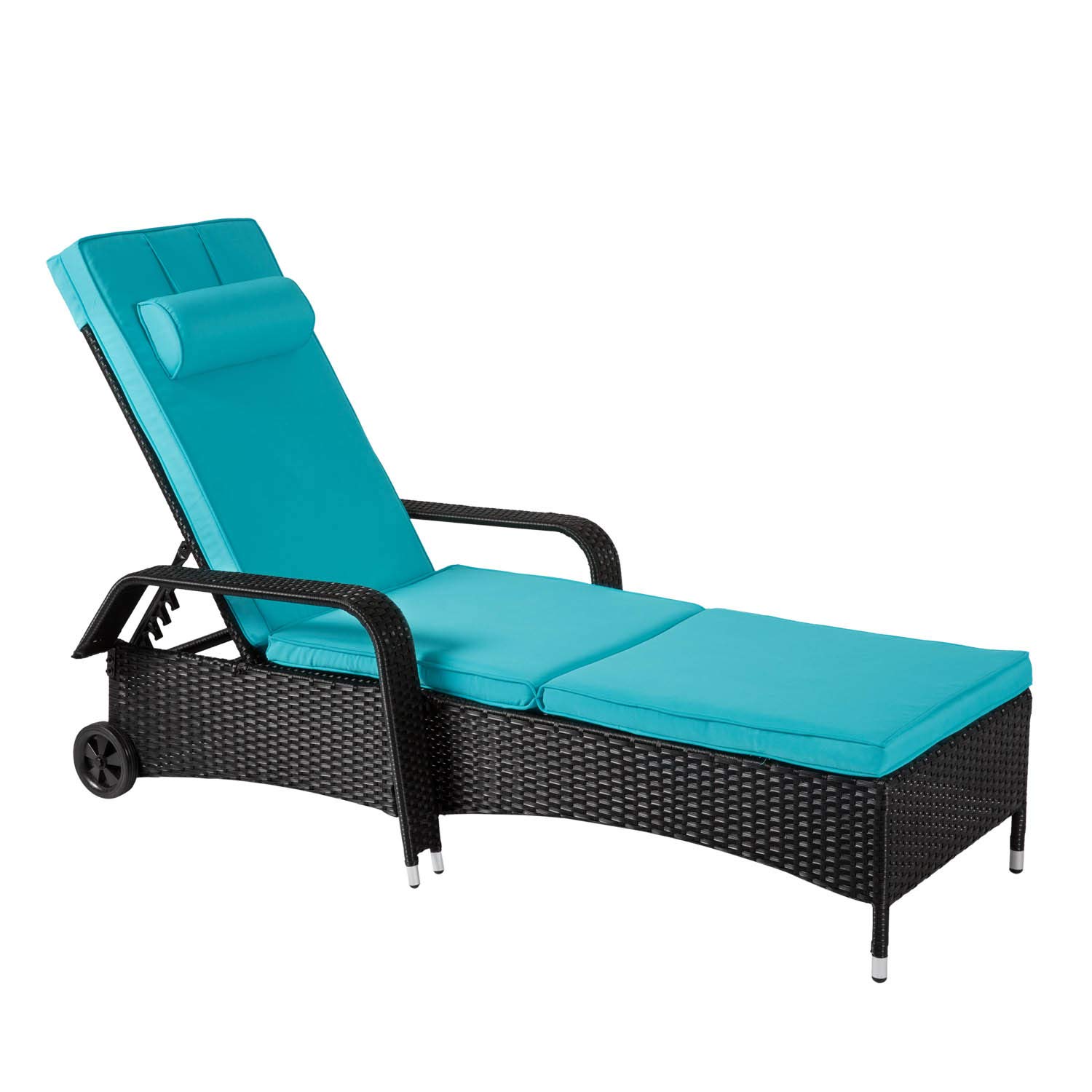 Kinbor All-Weather Wicker Patio Recliner Chair Relaxing Lounge Chair Chaise Lounge Adjustable Backrest (Blue-Lounge Chair with Wheels)