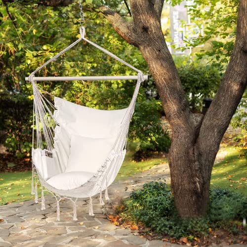Hblife Hammock Chair, Max 330 Lbs, 2 Pillows Included, Beige Hanging Chair With Pocket And Macrame, Swing Rope Chair For Bedroom, Backyard And Deck #TOP6