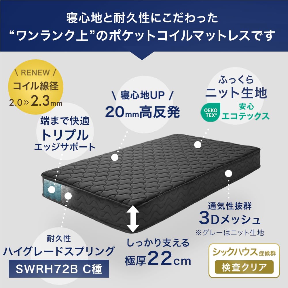 Amazon.co.jp: タンスのゲン マットレス セミダブル 極厚22cm 線径2.3