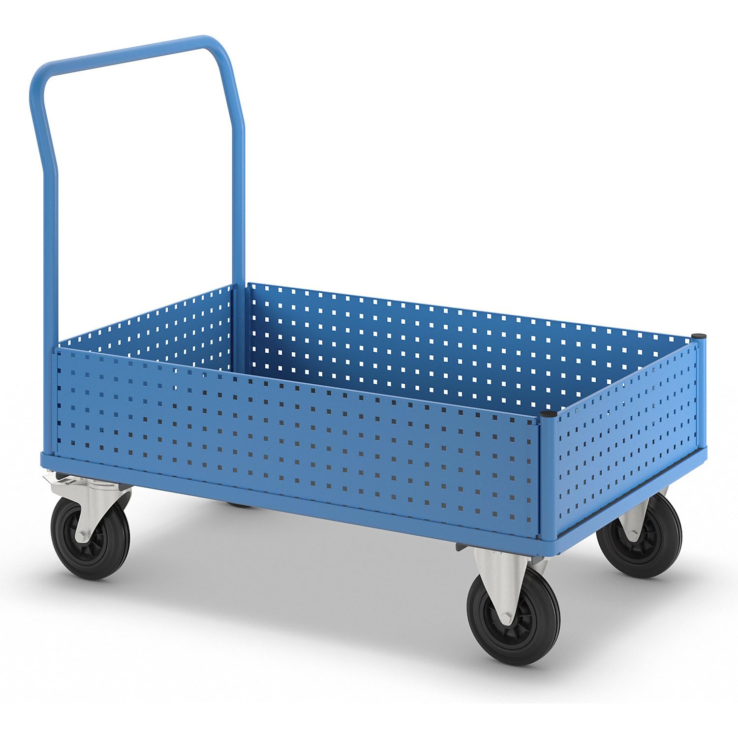 eurokraft pro | Plattformwagen | Mit 4 halbhohen Lochblechwänden, LxB 1250 x 800 mm, Vollgummi