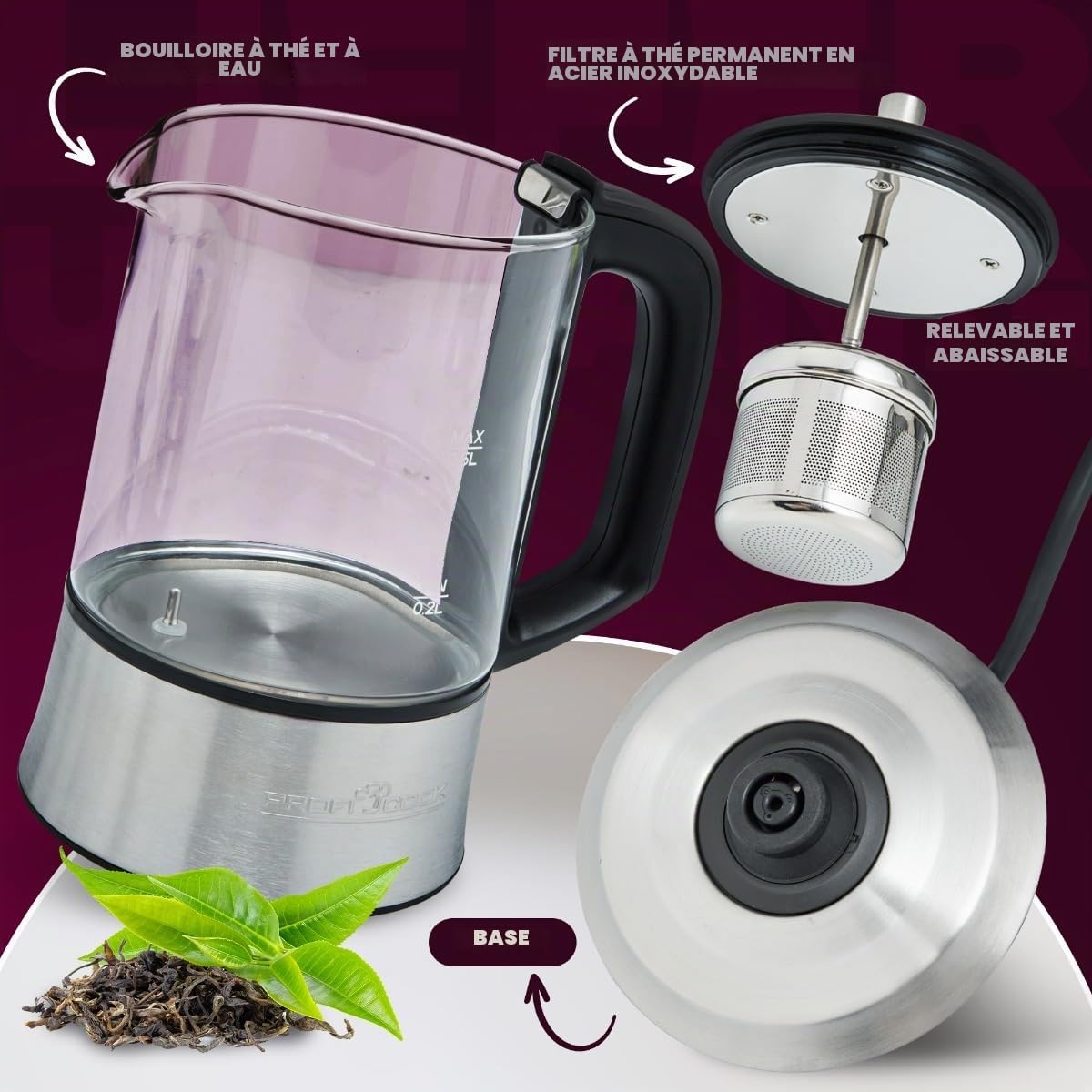 PROFI COOK PC-TK 1165 - Bouilloire 2 en 1 - à thé et à l'eau - Commandes Tactiles - 1100 Watts - Capacité de 0,5 Litres - Couleur Argent