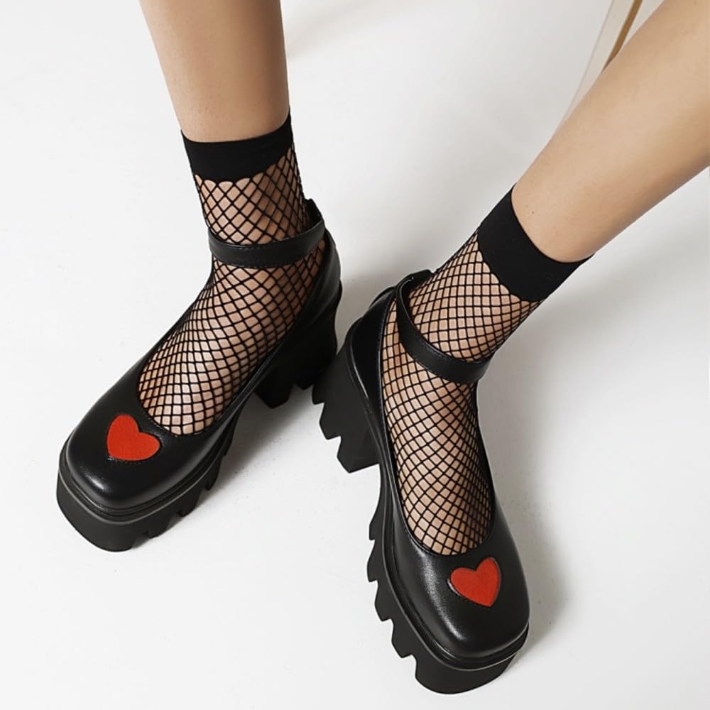 LVJMJ Mary Jane - Scarpe da donna con tacco grosso, plateau, punta quadrata, cinturino alla caviglia, fibbia retrò, gotico, stile scuro, in pelle PU, piattaforma frontale 4 cm, tacco 8 cm