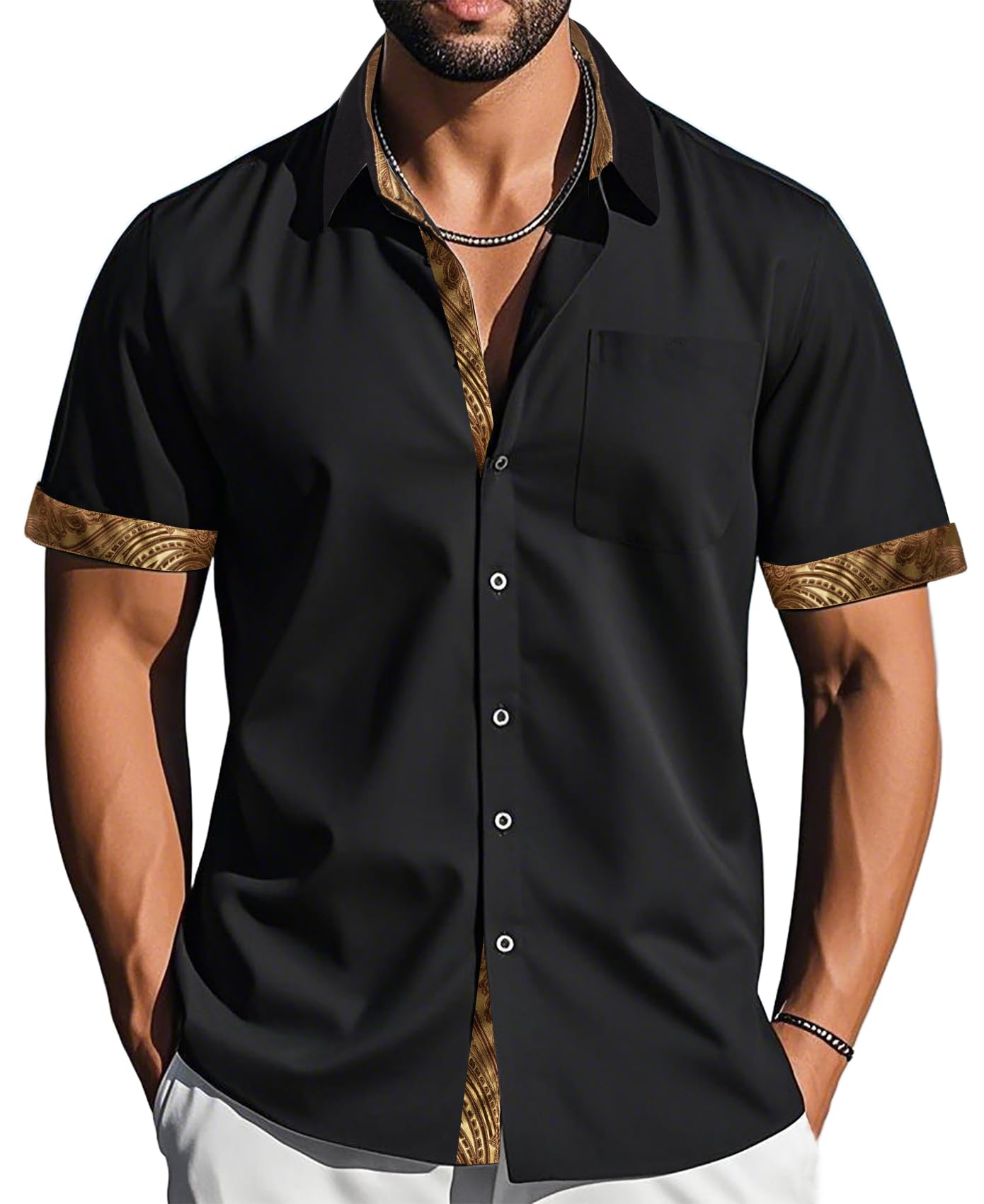 Barry.Wang Chemise à manches courtes boutonnée pour homme - Style formel - Décontracté - Coupe contrastée - Pour l'été, le travail, le mariage, le yacht