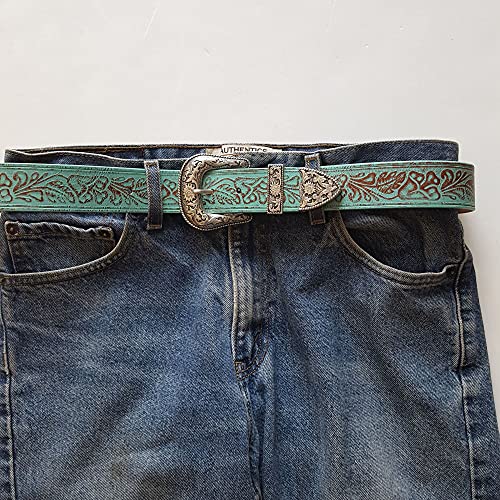 1.5" VINTAGE WESTERN EMBOSSED FLORAL PRINT TURQUOISE LEATHER BELT (ML, Blue(Western))3