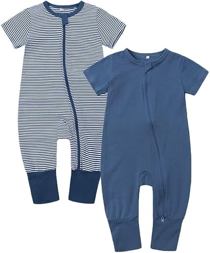 BeiVSlley Paquete de 2 mamelucos de verano de manga corta para bebé, de algodón, con cremallera frontal, ropa para bebés y niños pequeños