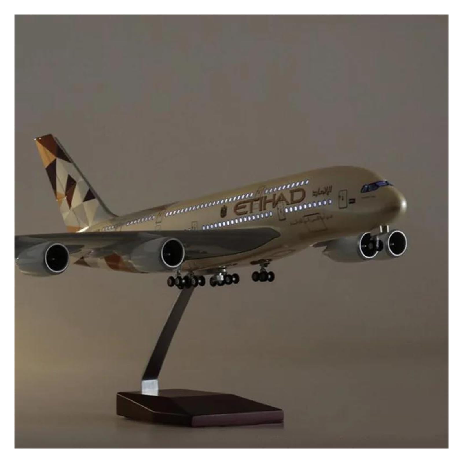 Odlewany metalowy samolot Airbus 1:160 do żywicy Model samolotu Etihad A380 Materiał żywiczny Model wystawowy Samoloty Statyczny wyświetlacz modelu Samoloty do zbierania i wystawiania (ze światłem)