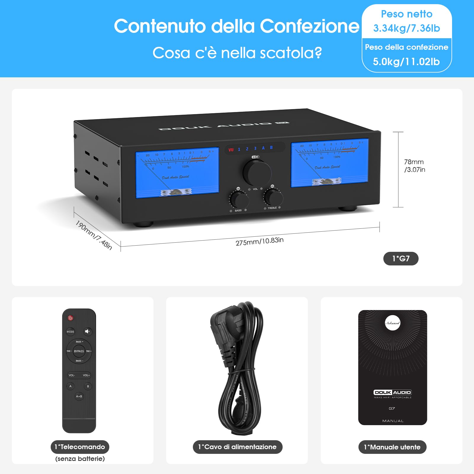 DoukAudio 600W Amplificatore a 2/4 canali: selettore altoparlanti 3-IN-2-OUT | Amplificatore digitale per DMP-A6 con doppio TPA3255 | Ingressi XLR RCA bilanciati | Bypass del tono | VU Meters |