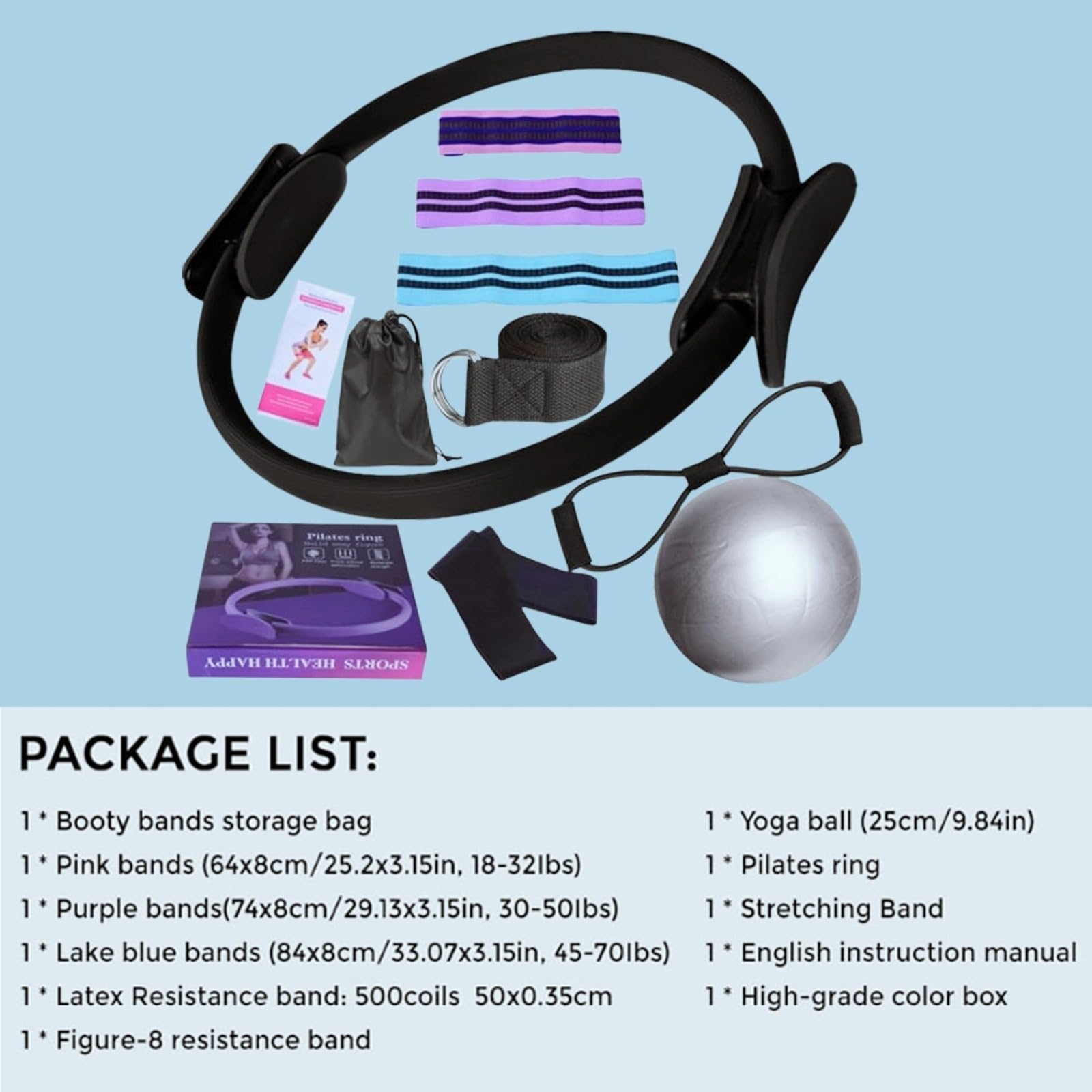 Générique Ensemble Pilates Yoga 11 Pièces — Kit Pilates Maison, Kits de Yoga et Pilates, Pilates Accessoires, Bande de Résistance pour Pilates, Anneaux de Pilates pour Jambes, Bras et Cuisses