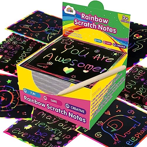ZMLM Rainbow Scratch Mini Art Notes - 125 Magic Scratch Note Pads Cards Sheets for Kids Black Scratch Arts Crafts Kids DIY Party Favor Supplies Kit Birthday Game Toy Gifts Box for Girls Boys Halloween