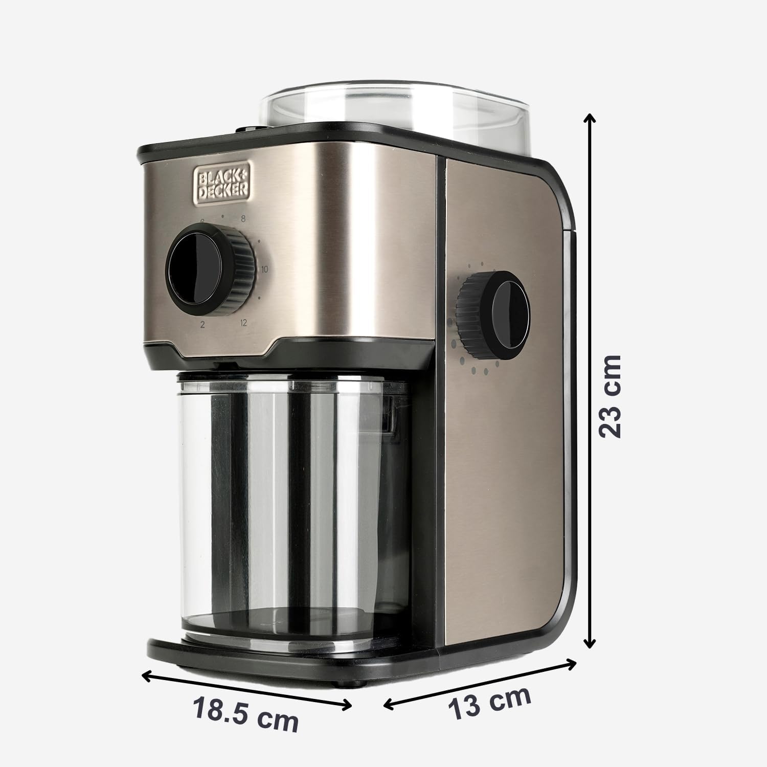 BLACK+DECKER - Macinacaffè Elettrico BXCG151E | Serbatoio 200g | 14 Livelli di Macinatura | Capacità 12 Tazze | Acciaio Inox Anti-Impronte | Caffè Fresco e Aromatico | Coperchio Trasparente