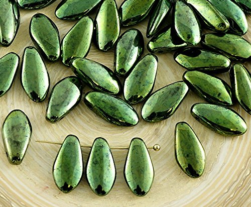 Leaf Beads 30pcs Metálico Brillo Verde de Cristal checo Daga Perlas de la Hoja Plana del Pétalo de 6 mm x 12 mm