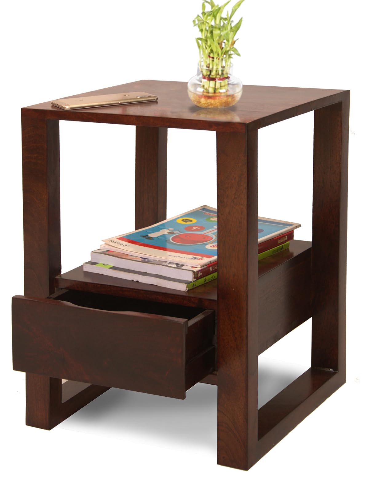 Solid Wood Nightstand Bedside Table | Wooden Bed Side Tables with Drawer Storage | Nigh Stand End Table with Drawer & Shelf Storage for Home and Office (Walnut Brown Finish)-image-24
