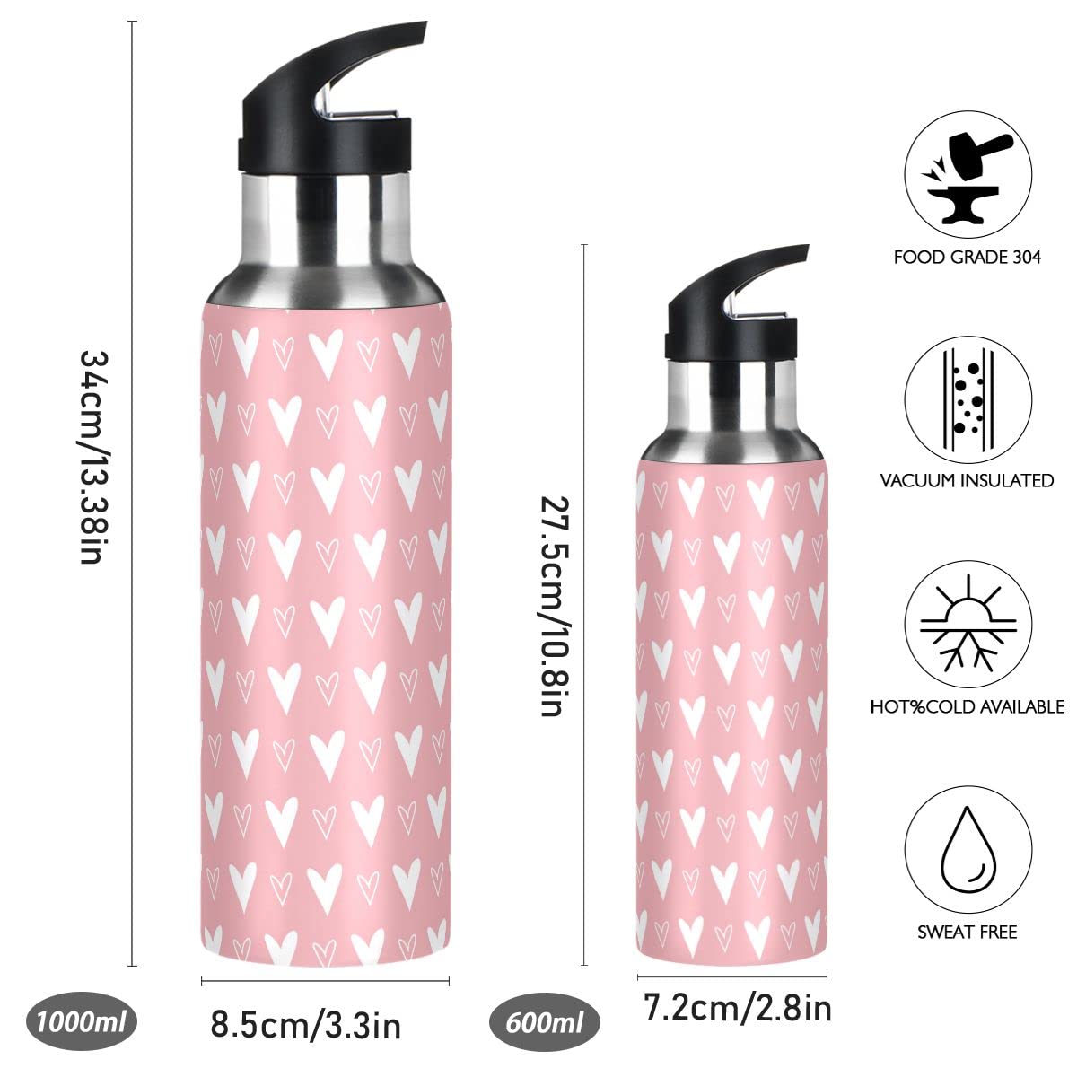Edelstahl Wasserflasche mit Strohhalm, Herzmuster Isolierte Trinkflasche Sport Wasserflasche für Kinder Erwachsene, auslaufsicher, 1L