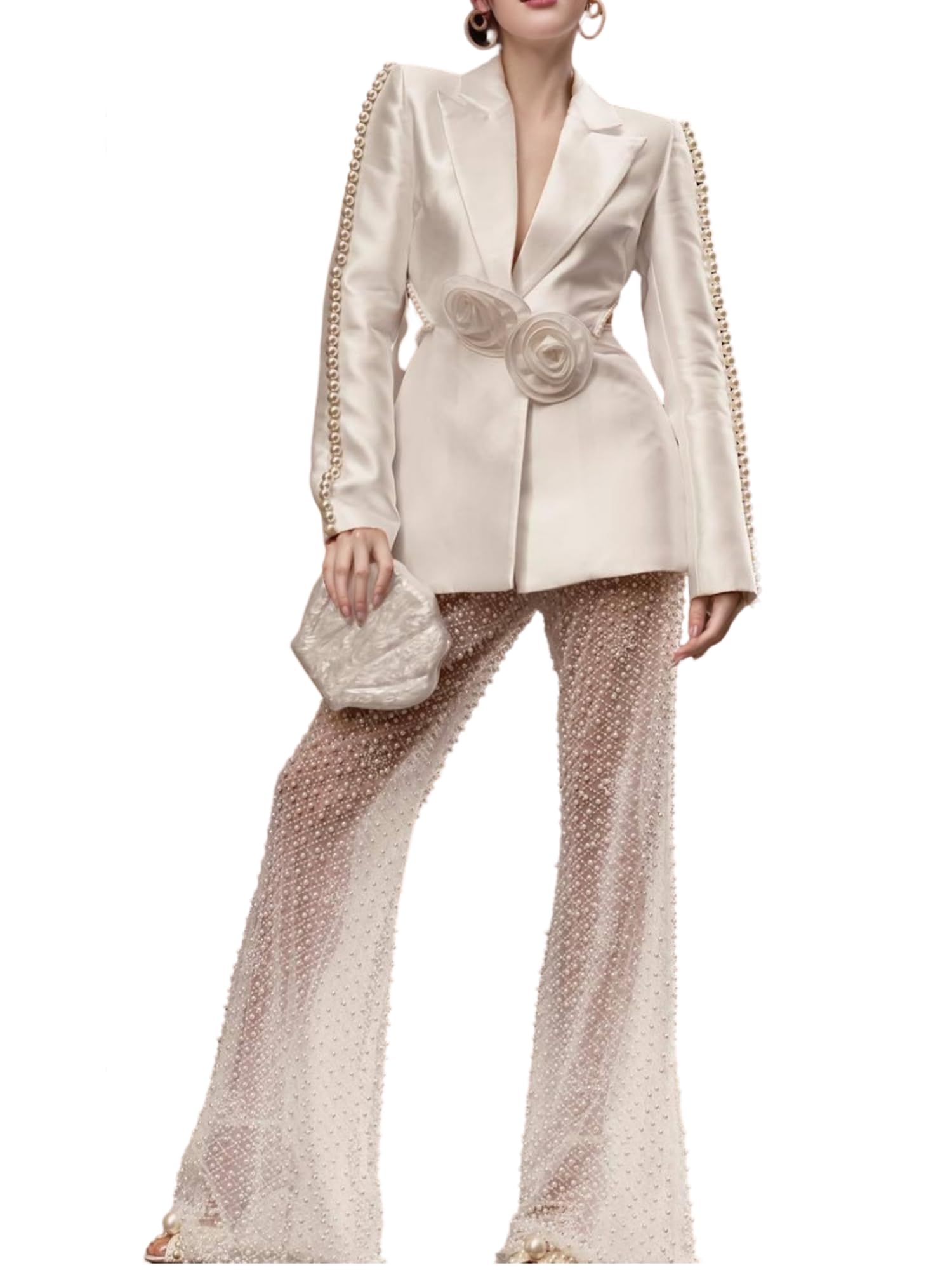 Womens 2 Pieces Blazer Pants Suit Sets Hollow Out Flowers Appliques Pearls Beaded Wedding Party Outfits