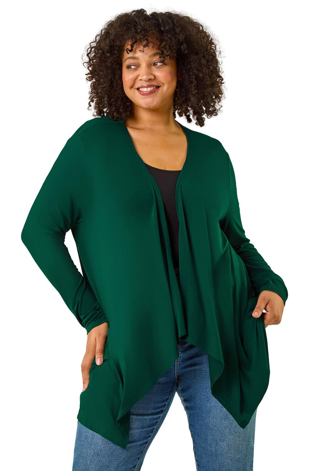 Roman Women's Green Curve Waterfall Front Jersey Cardigan In | Size: 20
